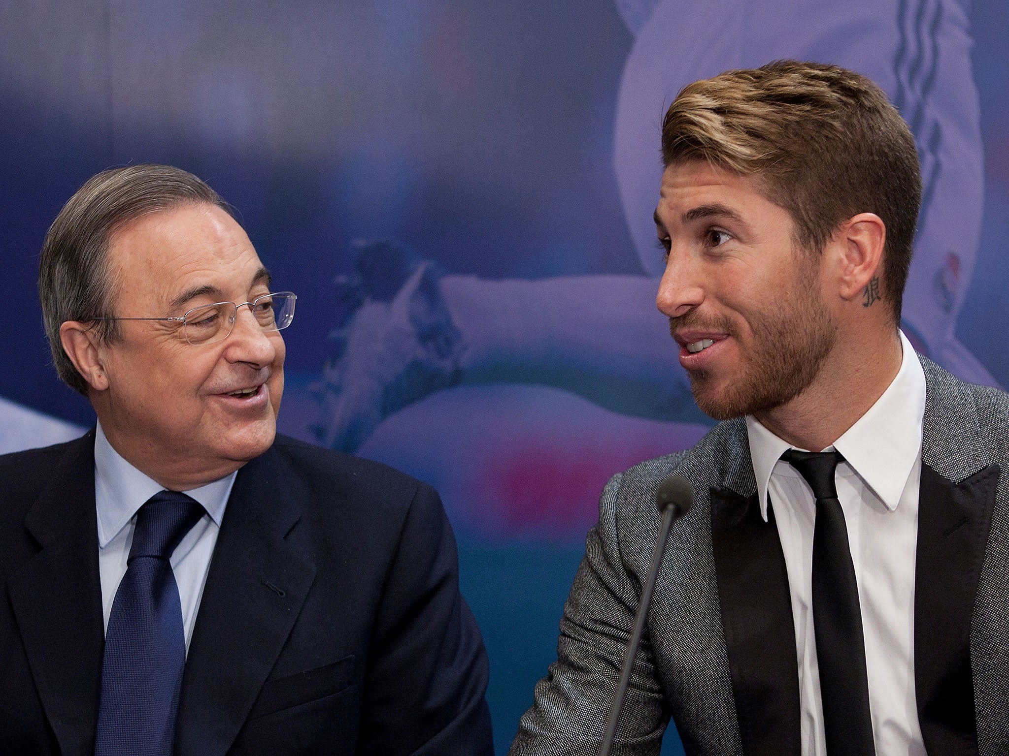 Real Madrid owner Florentino Perez alongside Sergio Ramos