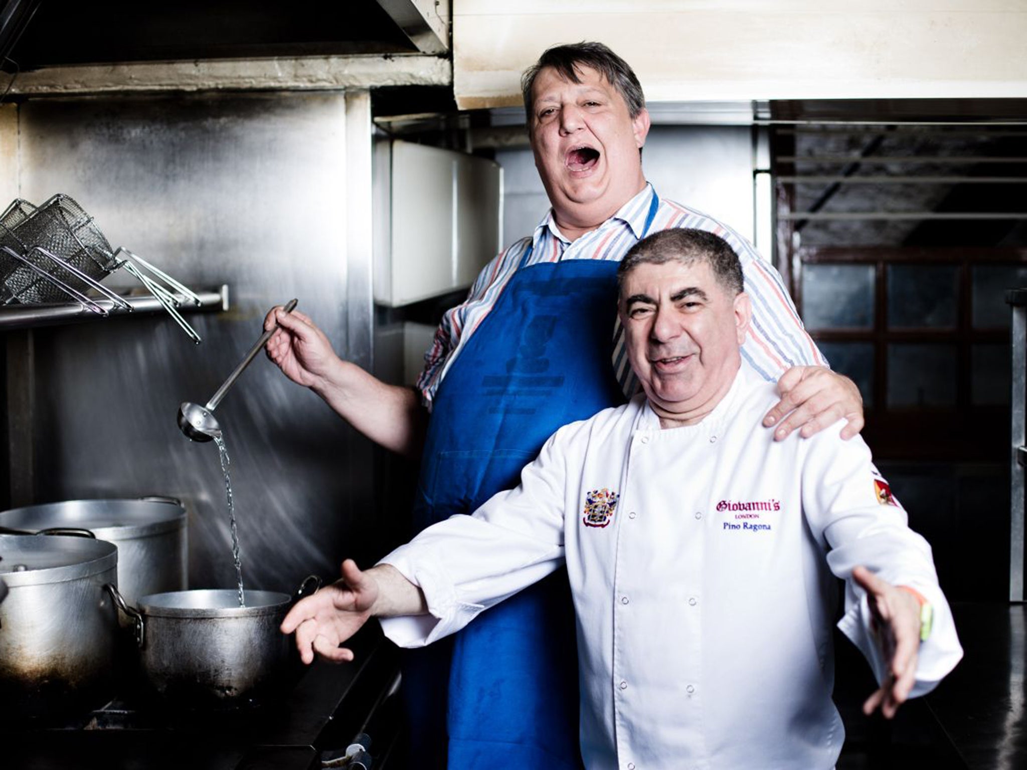 Ambrogio Maestri, left, clowning at Giovanni’s in Covent Garden