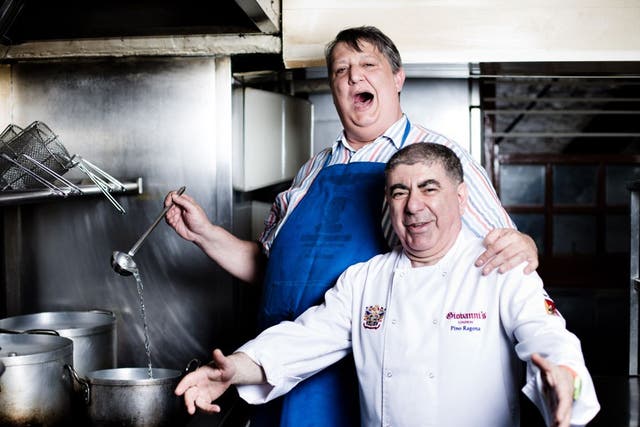 Ambrogio Maestri, left, clowning at Giovanni’s in Covent Garden