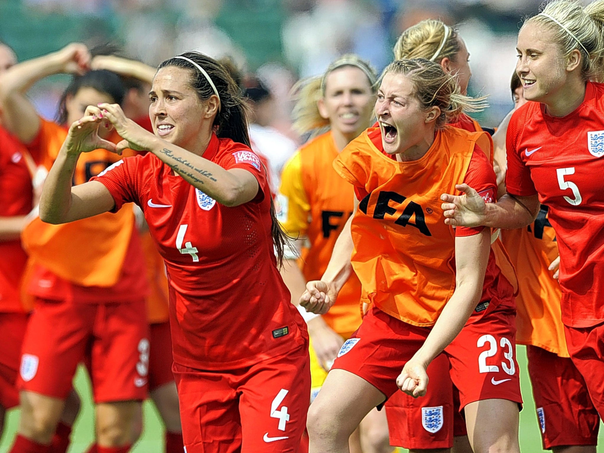 England’s Fara Williams (No 4) celebrates her penalty against Germany to finish third in the Women’s World Cup