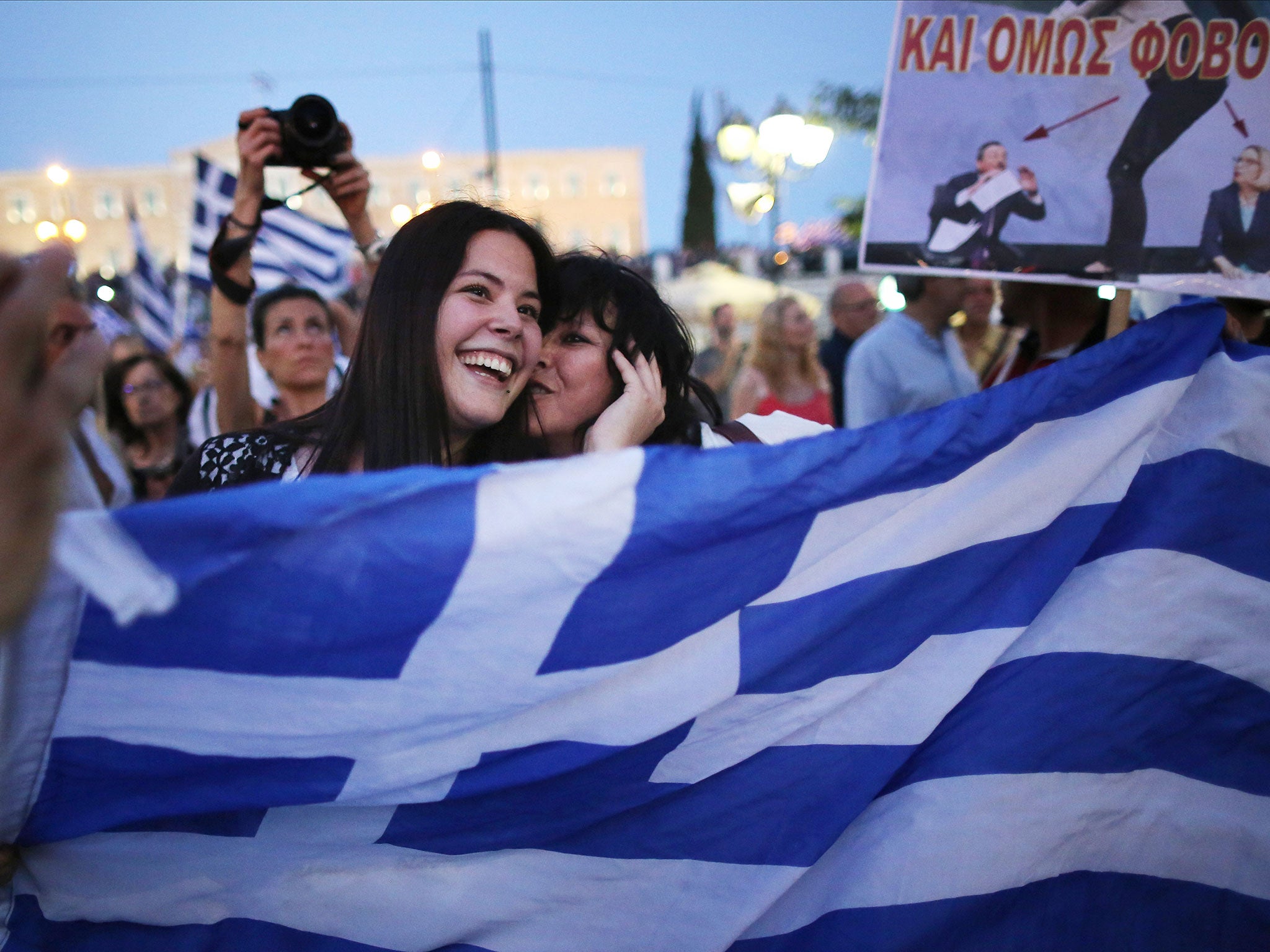 Young Greeks in jubilant mood in Athens after the terms for an international bailout had been emphatically rejected