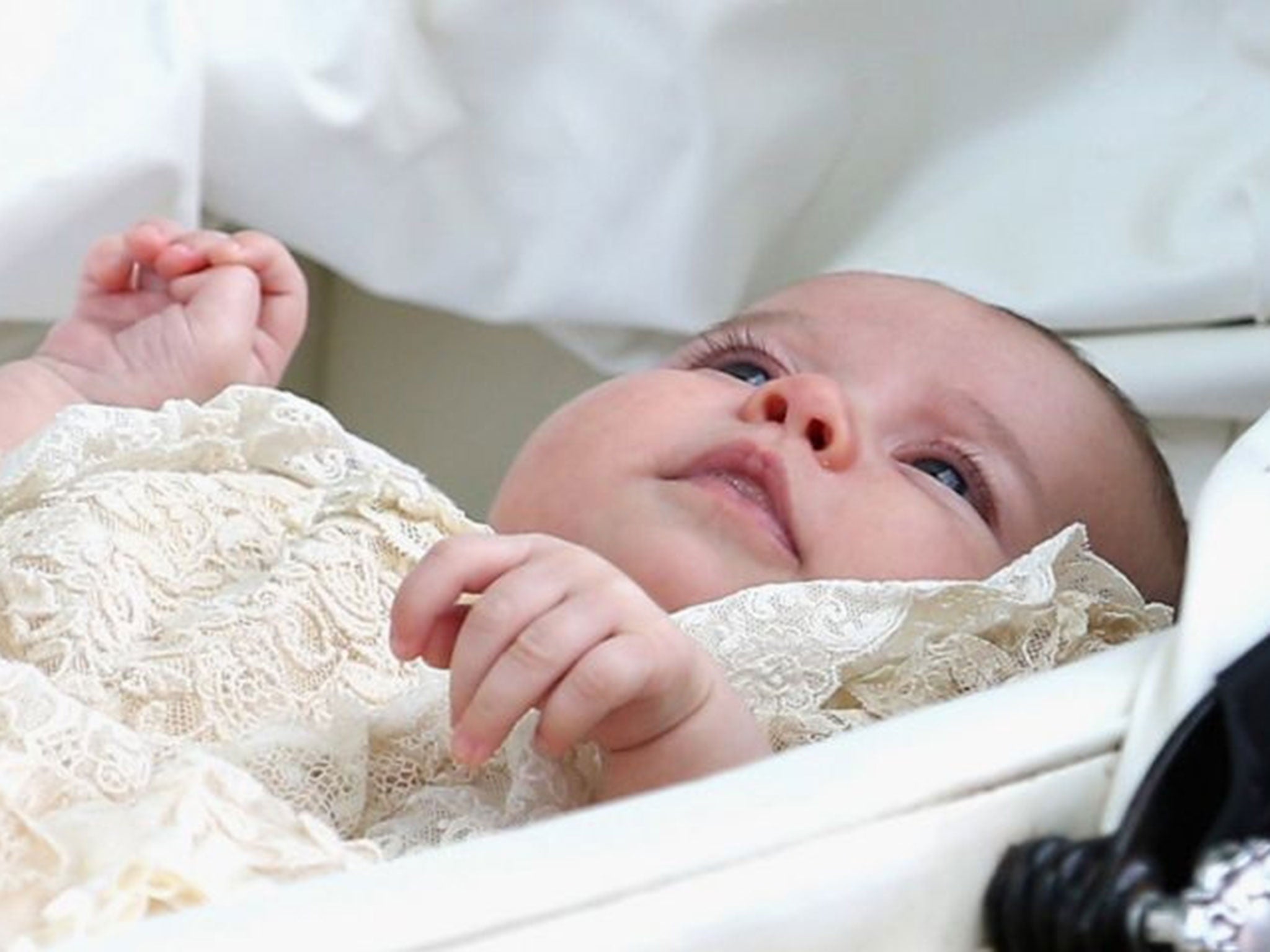 Princess Charlotte pushed in her Silver Cross pram as she leaves the Church of St Mary Magdalene