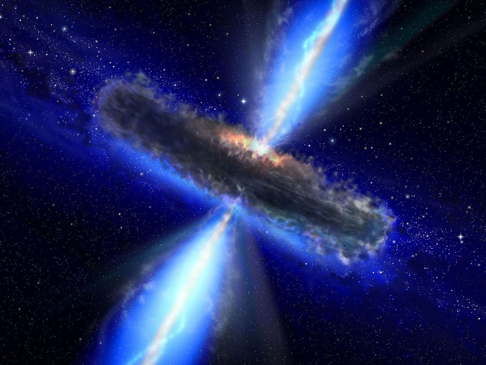 An illustration of a supermassive black hole feasting on its surroundings. The central hole is hidden from view by gas and dust