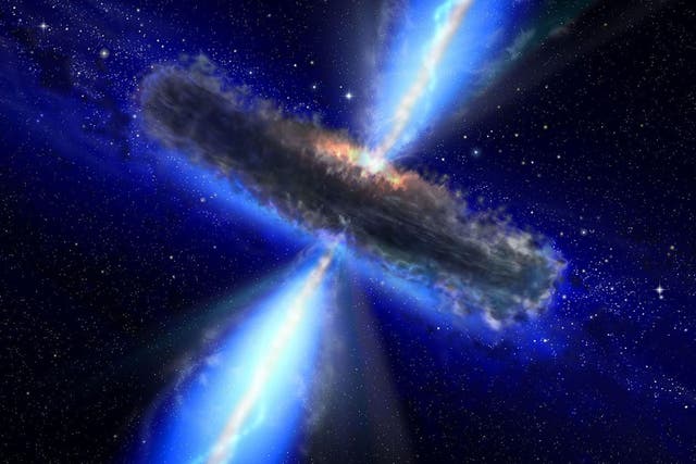 An illustration of a supermassive black hole feasting on its surroundings. The central hole is hidden from view by gas and dust