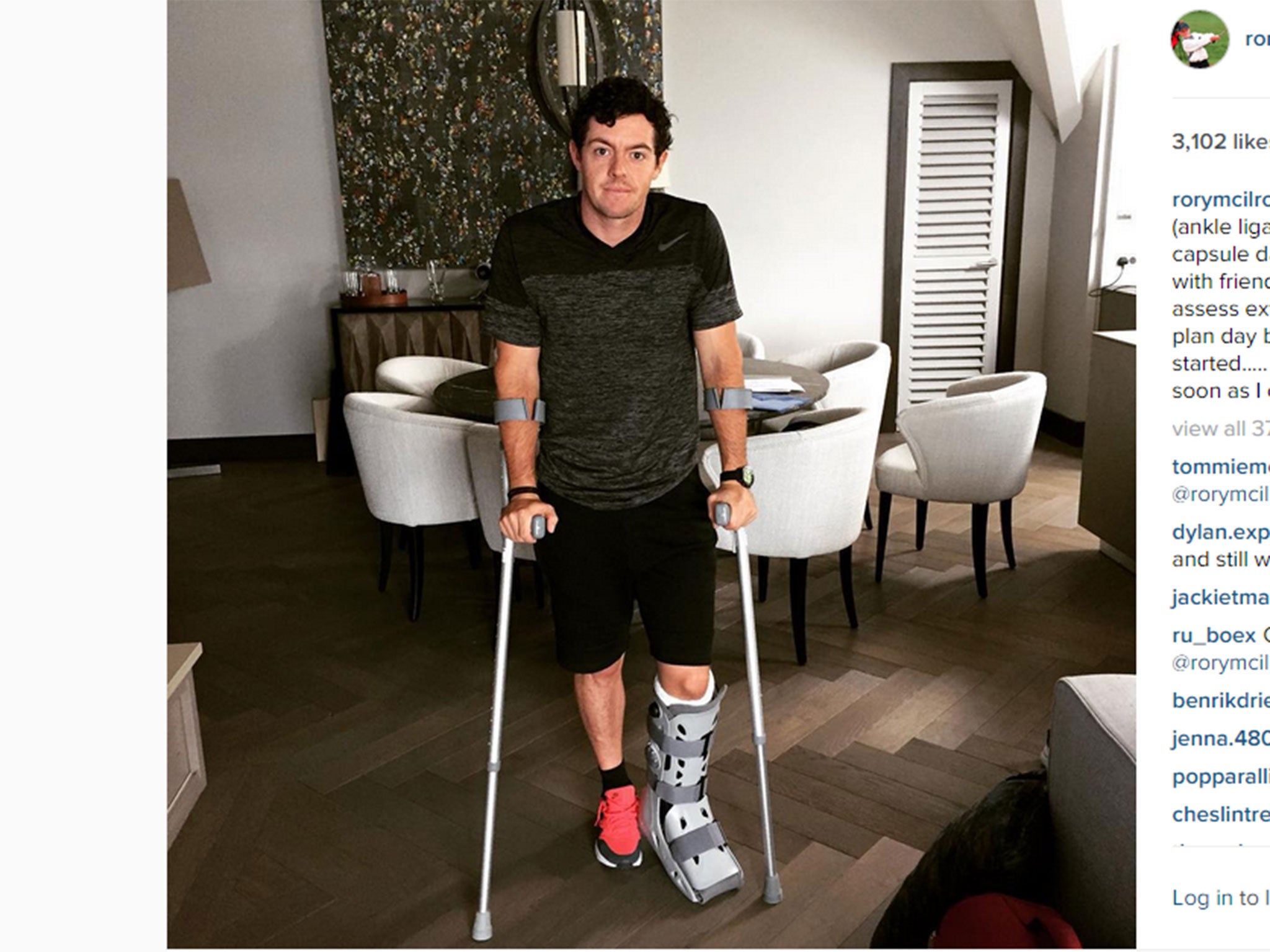 Rory McIlroy's Instagram post shows his injured ankle