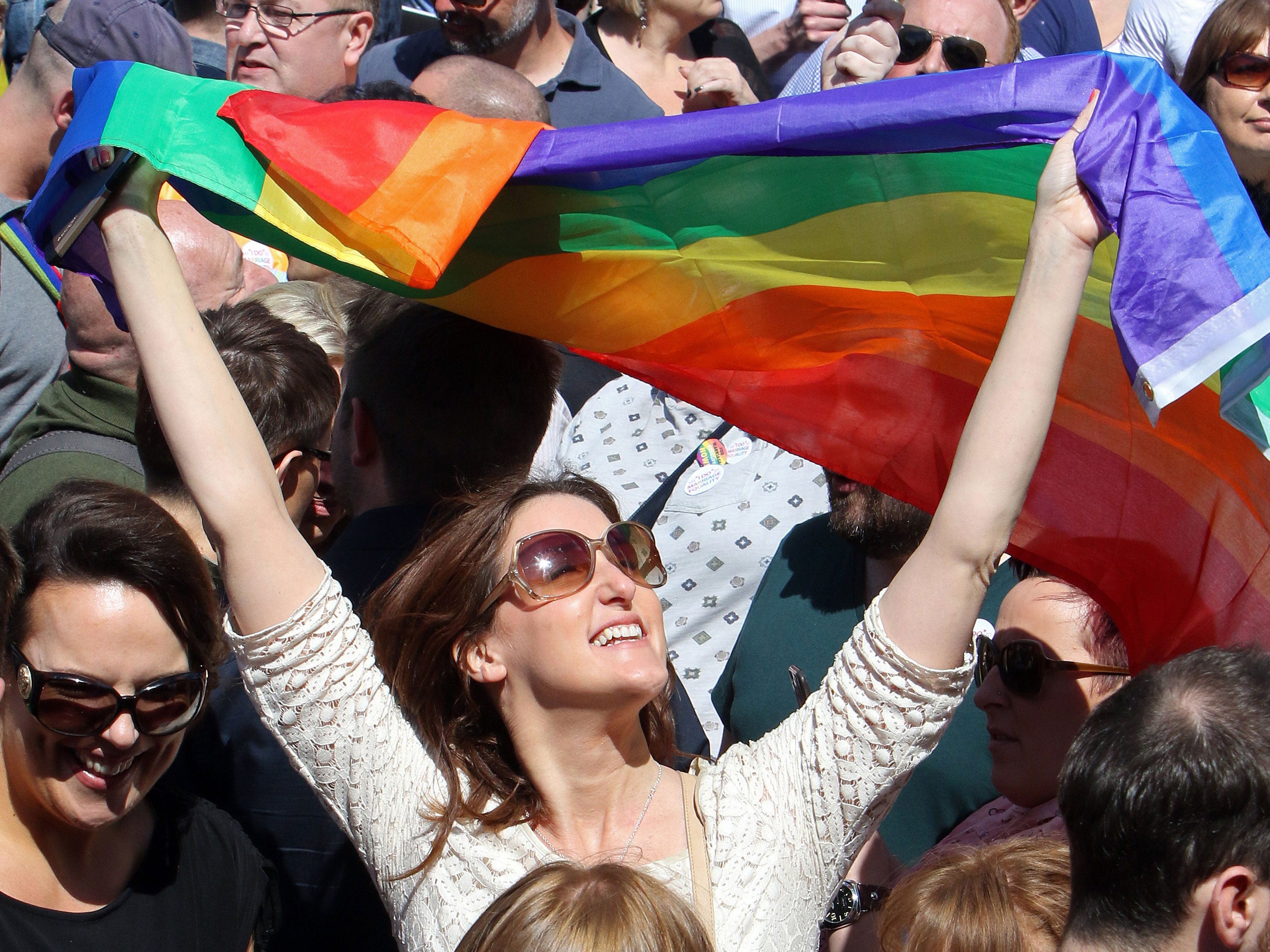 Supporters of same-sex marriage gather at Belfast City Hall, calling for the legalisation of same-sex marriage in Northern Ireland