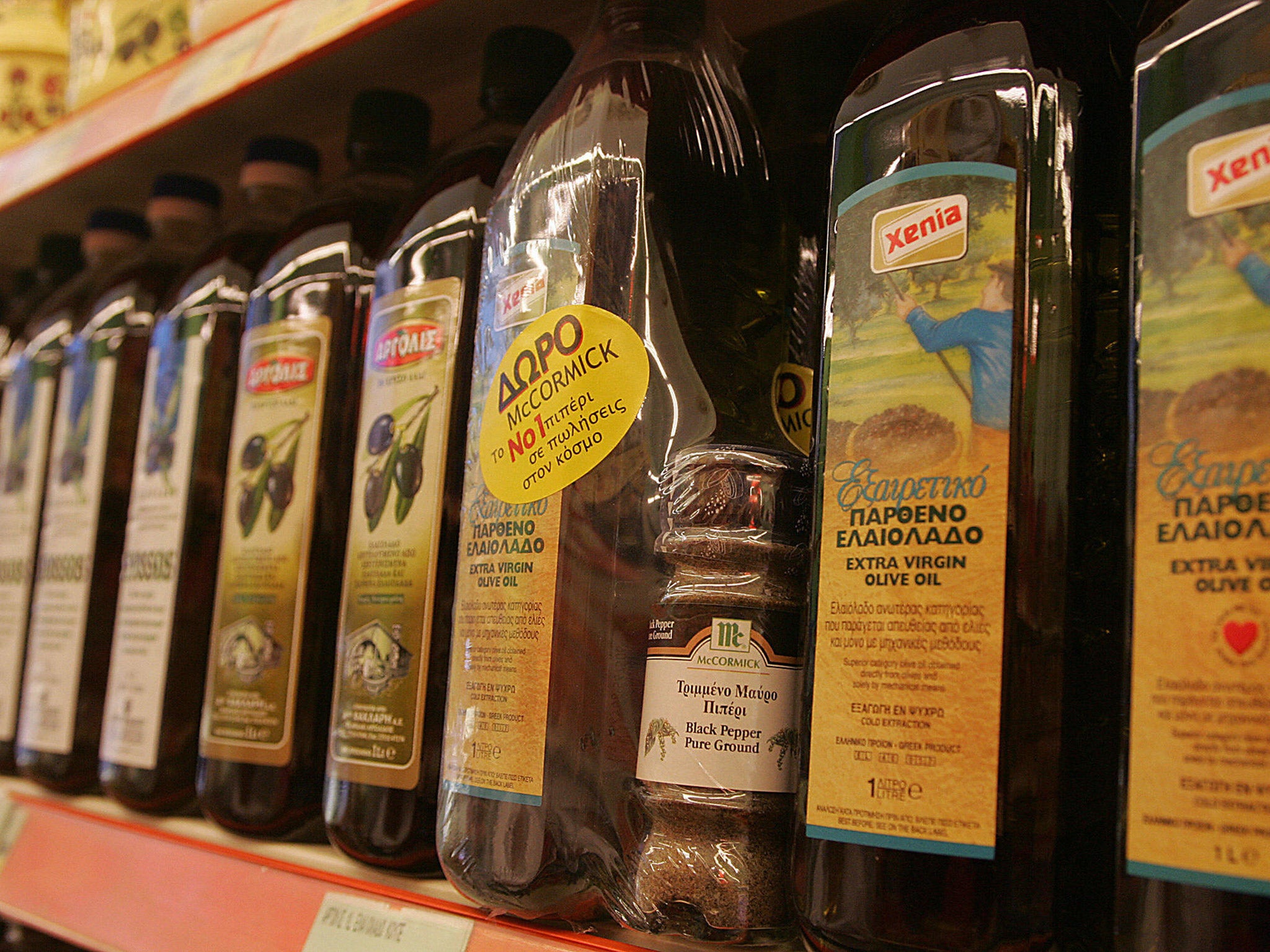 Olive oil on display in an Athens supermarket. File photo