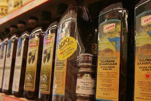 Olive oil on display in an Athens supermarket. File photo