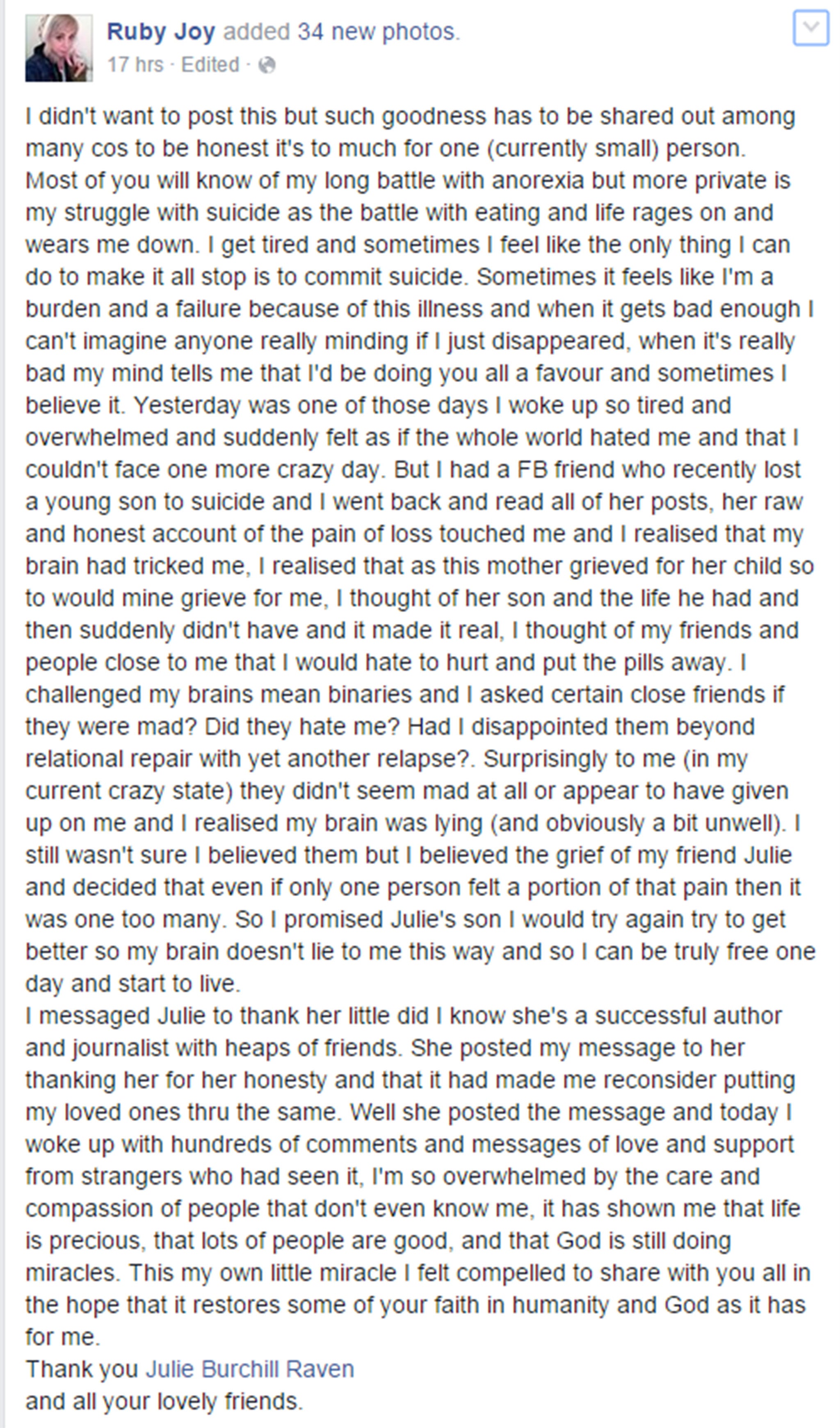 Ruby Joy thanks Julie Burchill's friends