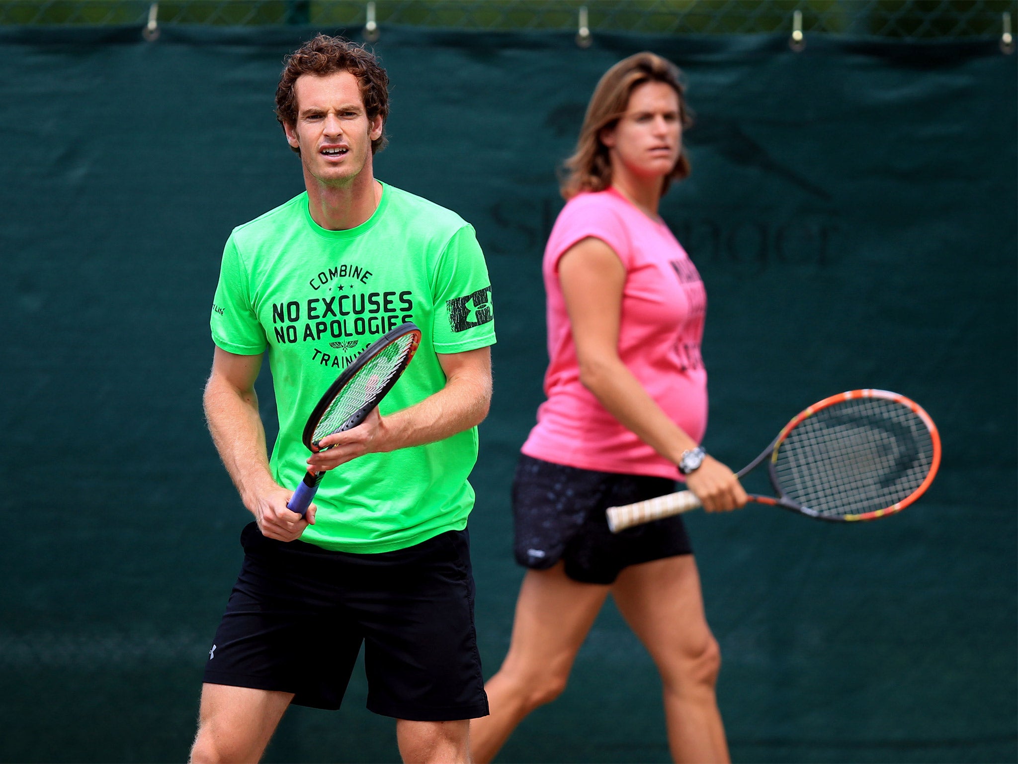 Andy Murray and coach Amélie Mauresmo during a practice session at Wimbledon