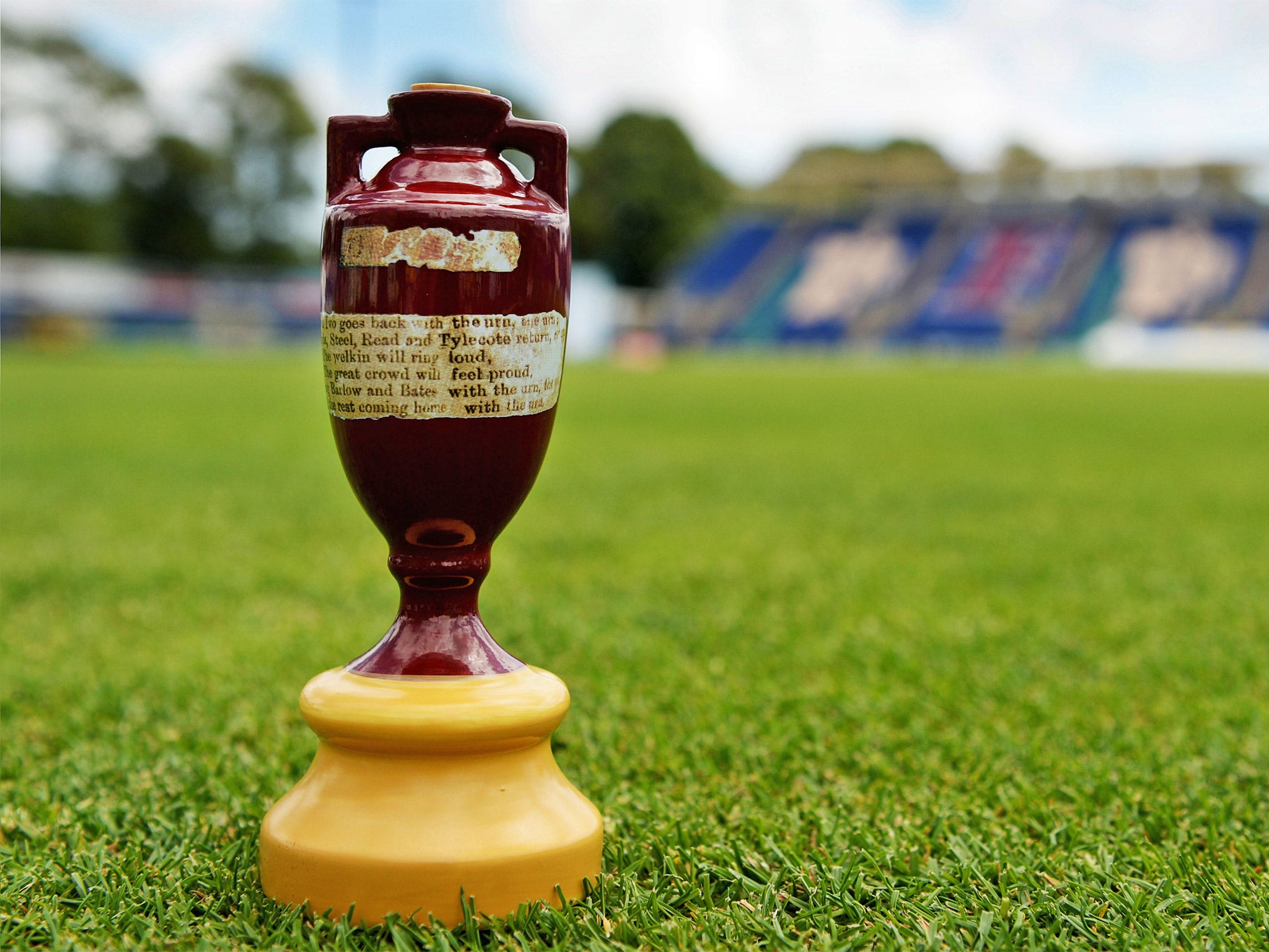 A replica urn sits on the turf at Swalec Stadium in Cardiff, ahead of the first Ashes Test match