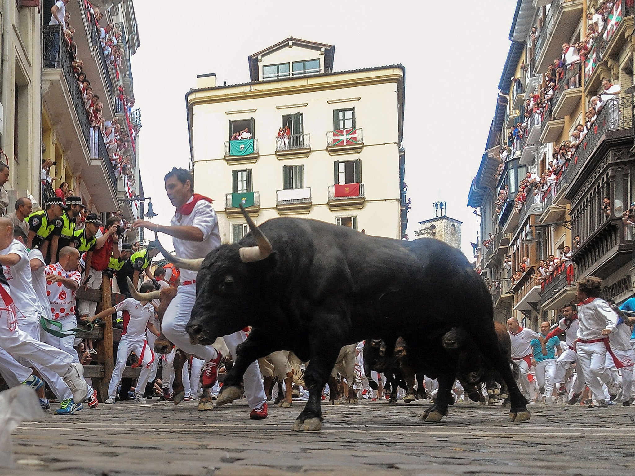 The annual Fiesta de San Fermin, made famous by the 1926 novel of US writer Ernest Hemmingway entitled 'The Sun Also Rises', involves the daily running of the bulls through the historic heart of Pamplona to the bull ring