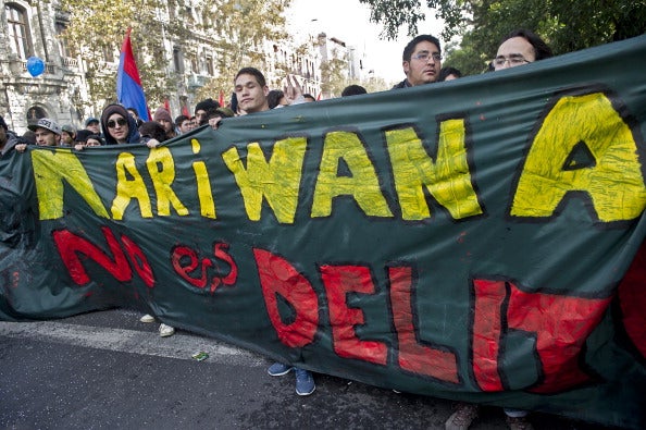 Protesters have been marching in Chile's capital, Santiago, calling for the legalisation of cannabis in the country (via MARTIN BERNETTI/AFP/Getty Images)