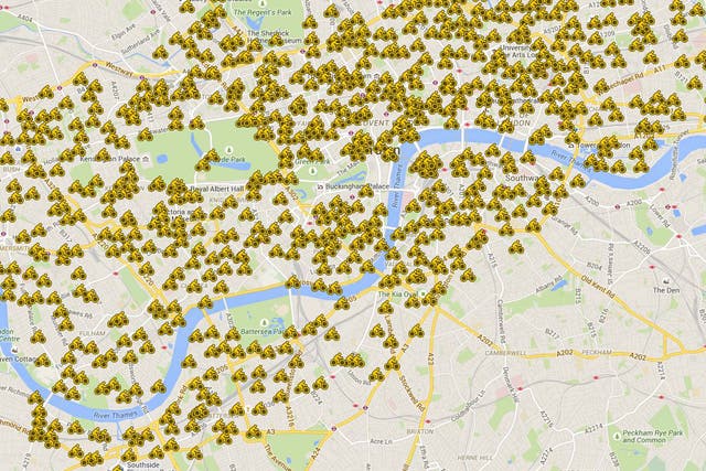 A map of TfL's public hire bicycle scheme stations across London.