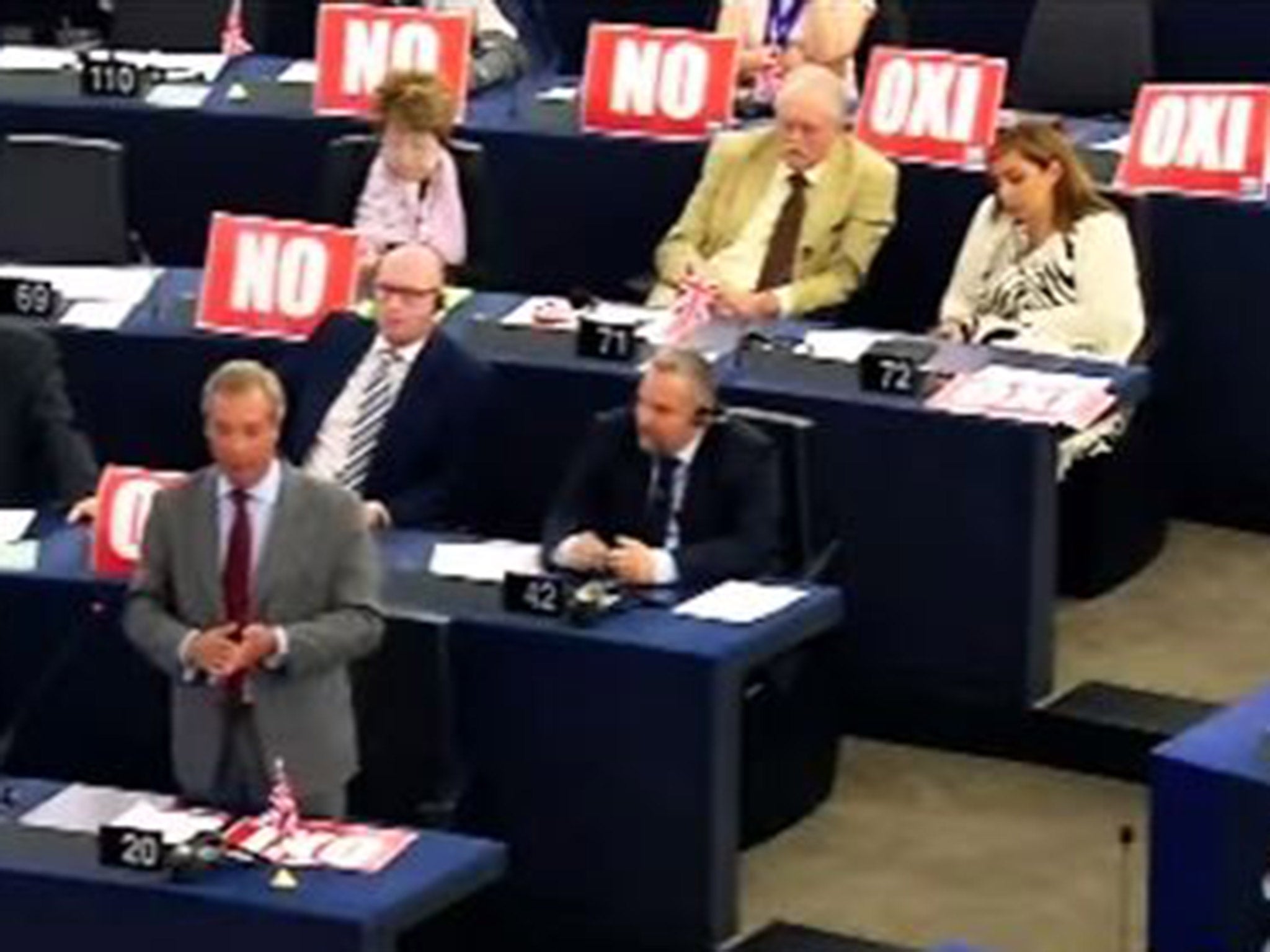 Video footage from the parliament showed a number of Eurosceptic MEPs displaying the Greek 'no' placard