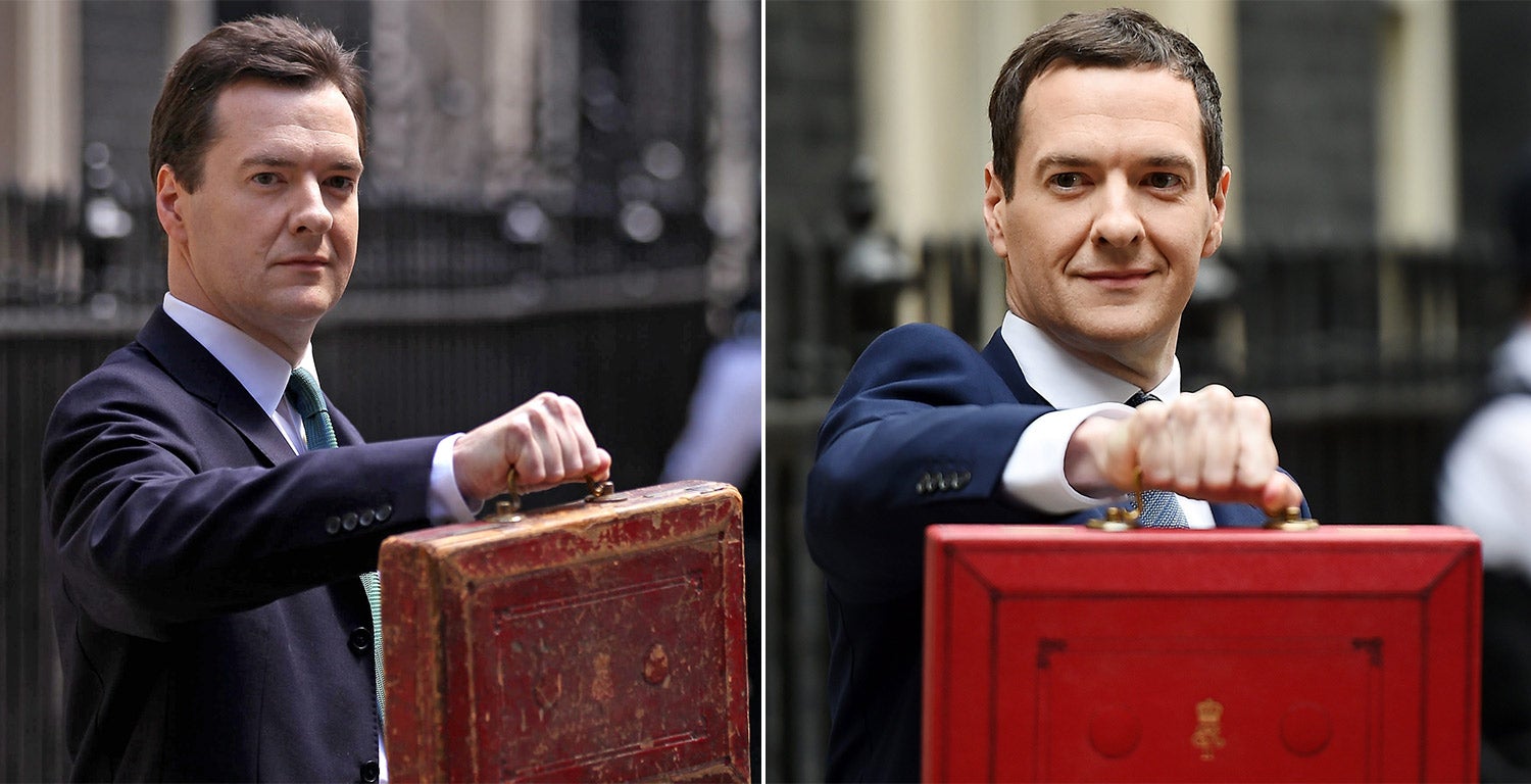 2010’s George Osborne (left) has been replaced by a slimmed down, cropped version in 2015, in line with his economic outlook