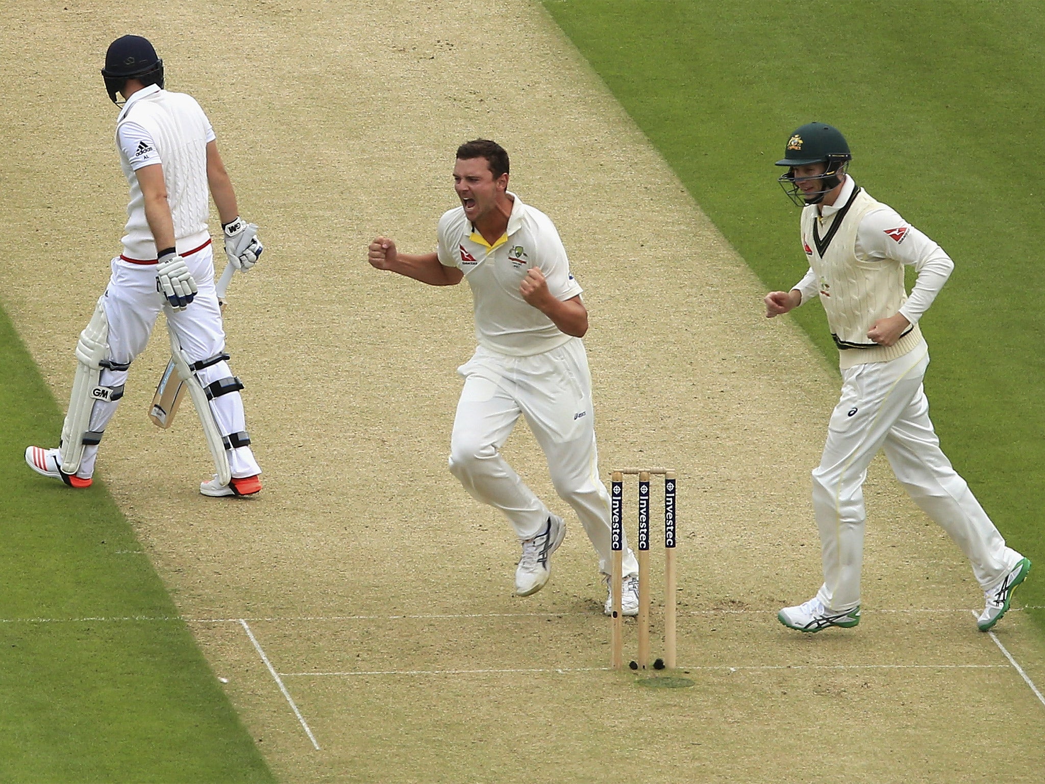 Australia’s Josh Hazlewood celebrates the wicket of England opener Adam Lyth