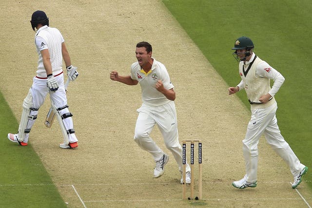 Australia’s Josh Hazlewood celebrates the wicket of England opener Adam Lyth