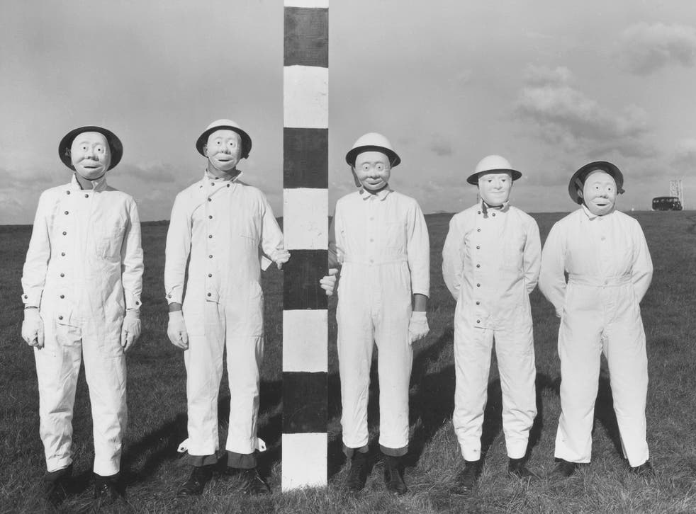 Field trial personnel in 1956. The masks had to be worn to allow the collection of proxy warfare substances that had been sprayed from aircraft