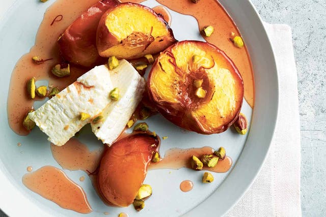 Saffron-roasted peaches with ricotta and pistachios