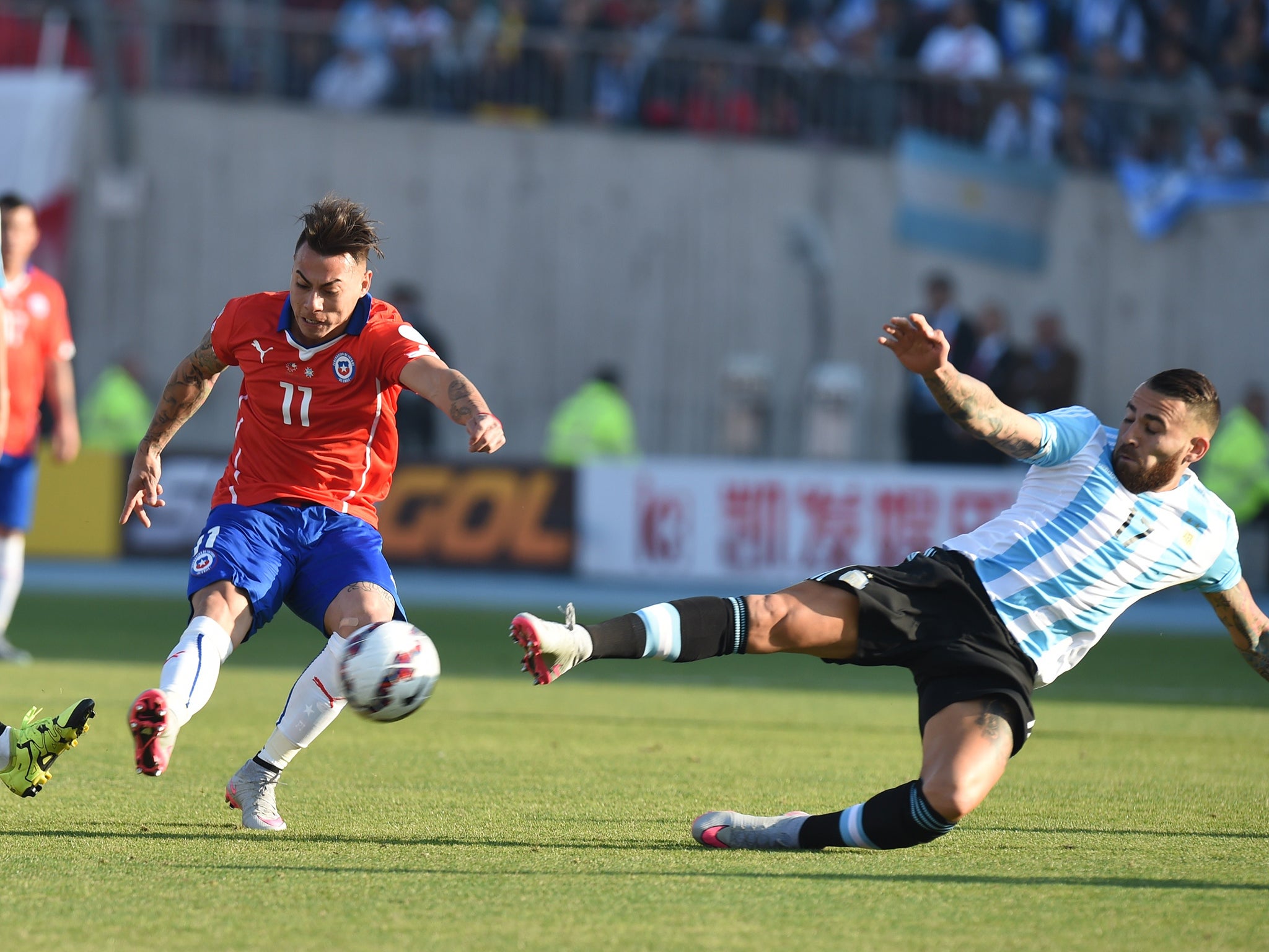 Nicolas Otamendi makes a block for Argentina