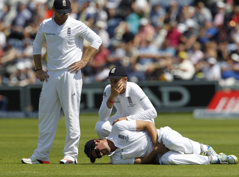 Alastair Cook writhes in agony as Joe Root sees the funny side