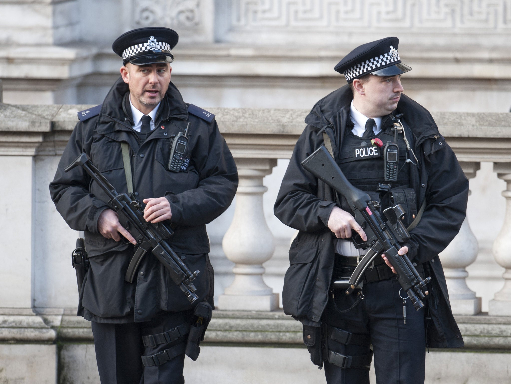 Armed police patrol at the Remembrance Sunday events in London in 2014