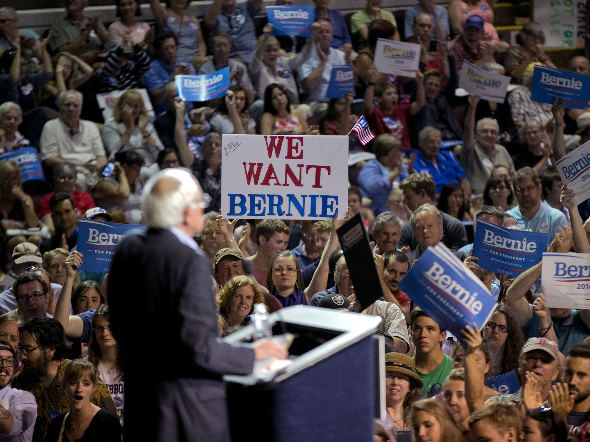 Bernie Sanders speaking to a crowd of 7,500 at a campaign rally in Portland, Maine