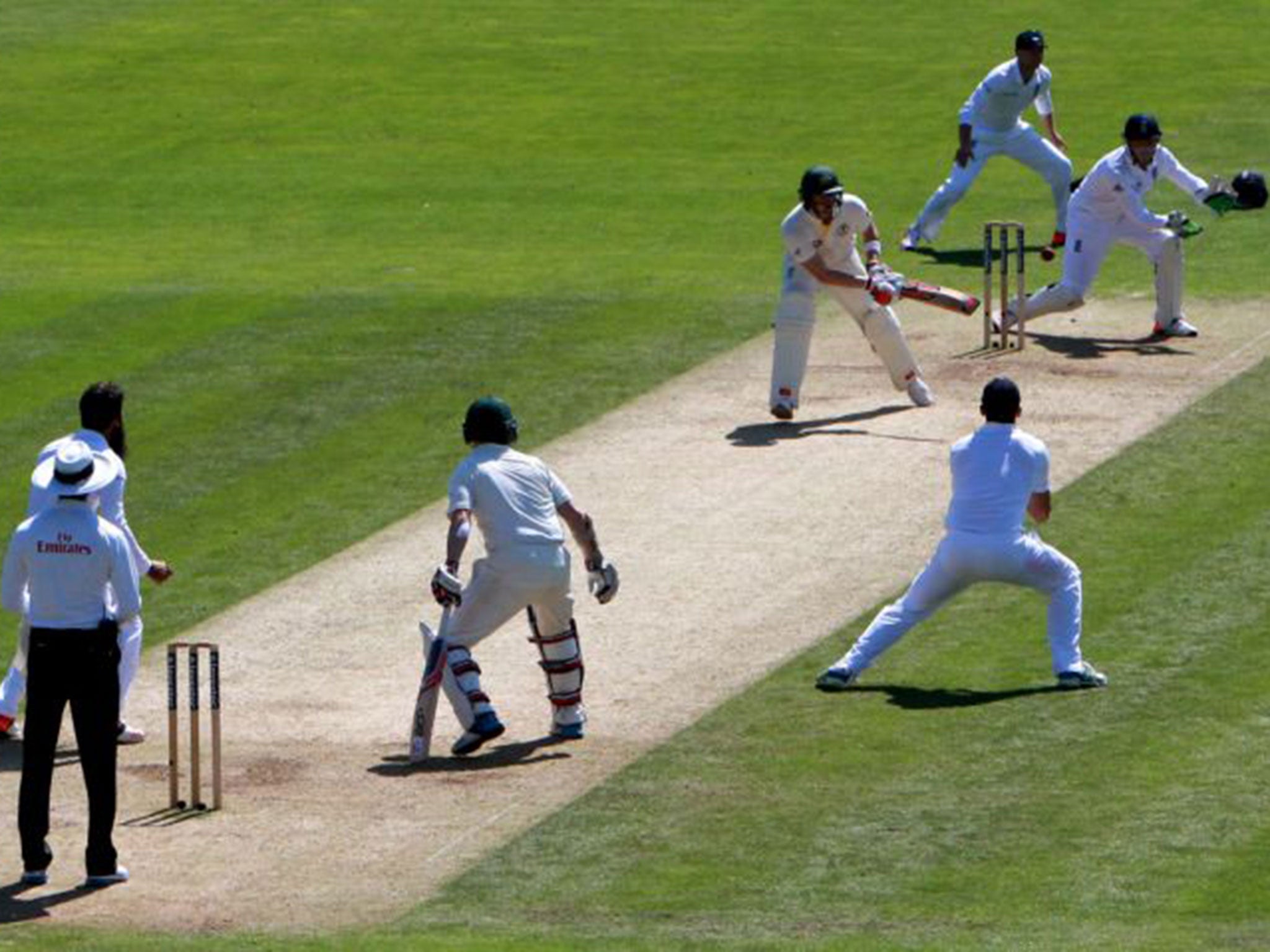 Australia batsman Steve Smith is caught for 33 by England’s Alastair Cook, front right, off the bowling of Moeen Ali