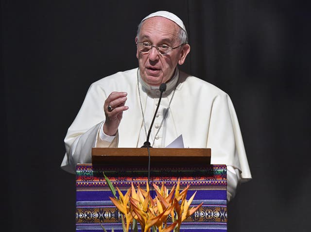 Pope Francis delivers a speech during the Second World Meeting of the Popular Movements in Santa Cruz, Bolivia (Getty/AFP)