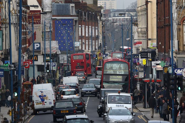 Traffic fills Putney High Street on 10 January 2013 in Putney, England. The capital only placed 13th in a UK list of towns and cities for road rage.