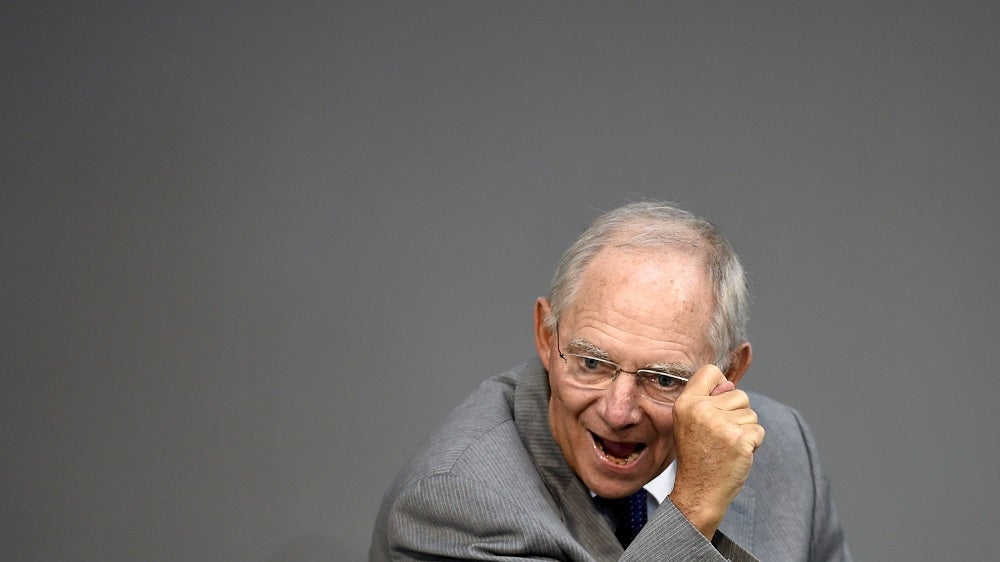 Schaeuble delivers a speech during a session at the Bundestag lower house of parliament on the Greek crisis