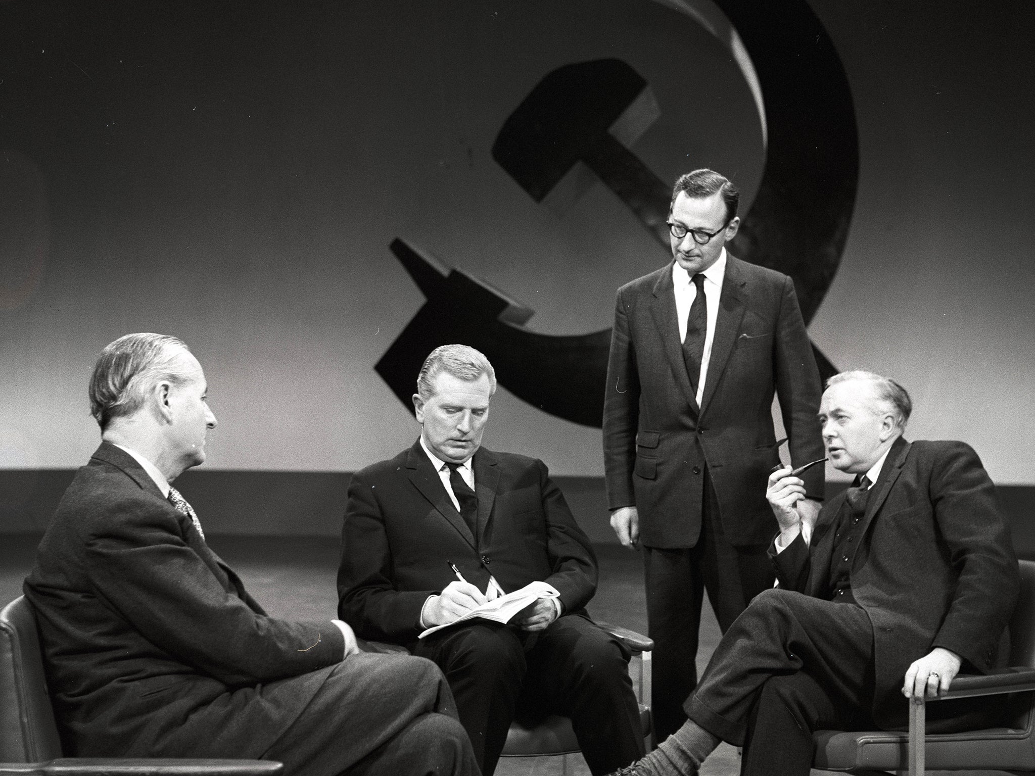 Broadcaster supreme: (from left to right) Lord Gladwyn, John Freeman, David Childs and Harold Wilson on ‘The Great Divide’ TV Programme, 1963