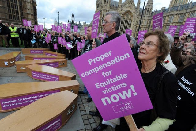 Pensioners caught by the financial crisis at the insurer protest outside Parliament in 2009