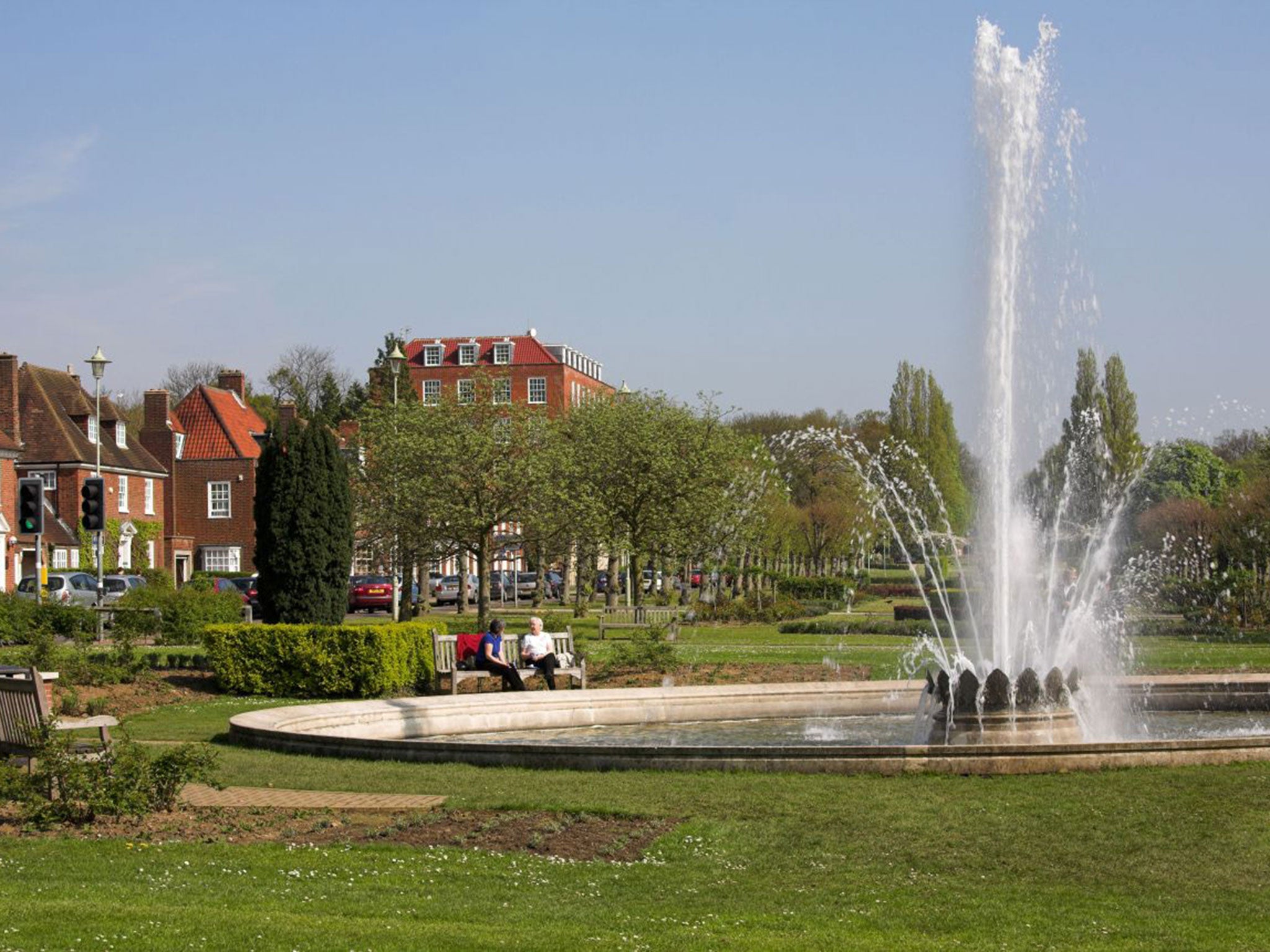 A fountain on the campus at Welwyn Garden City in Hertfordshire