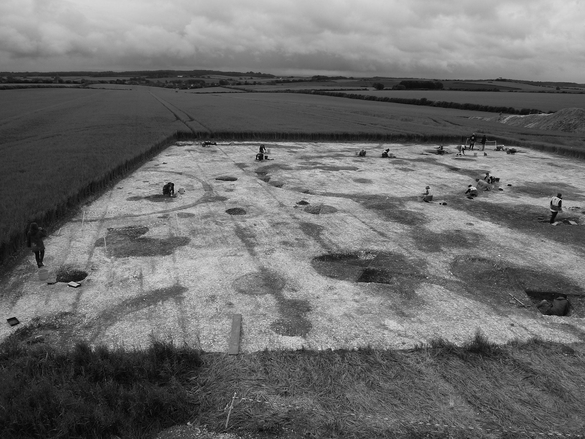 Aerial view of some of the Iron Age roundhouses (where some of the animal sacrifices were found) under excavation