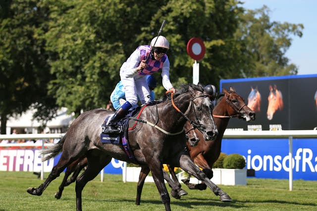 James Doyle celebrates victory aboard Amazing Maria in the Falmouth Stakes on the July Course at Newmarket