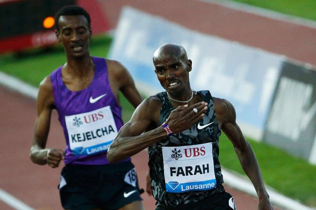 Mo Farah slaps his chest after winning the 5,000m in Lausanne on Thursday