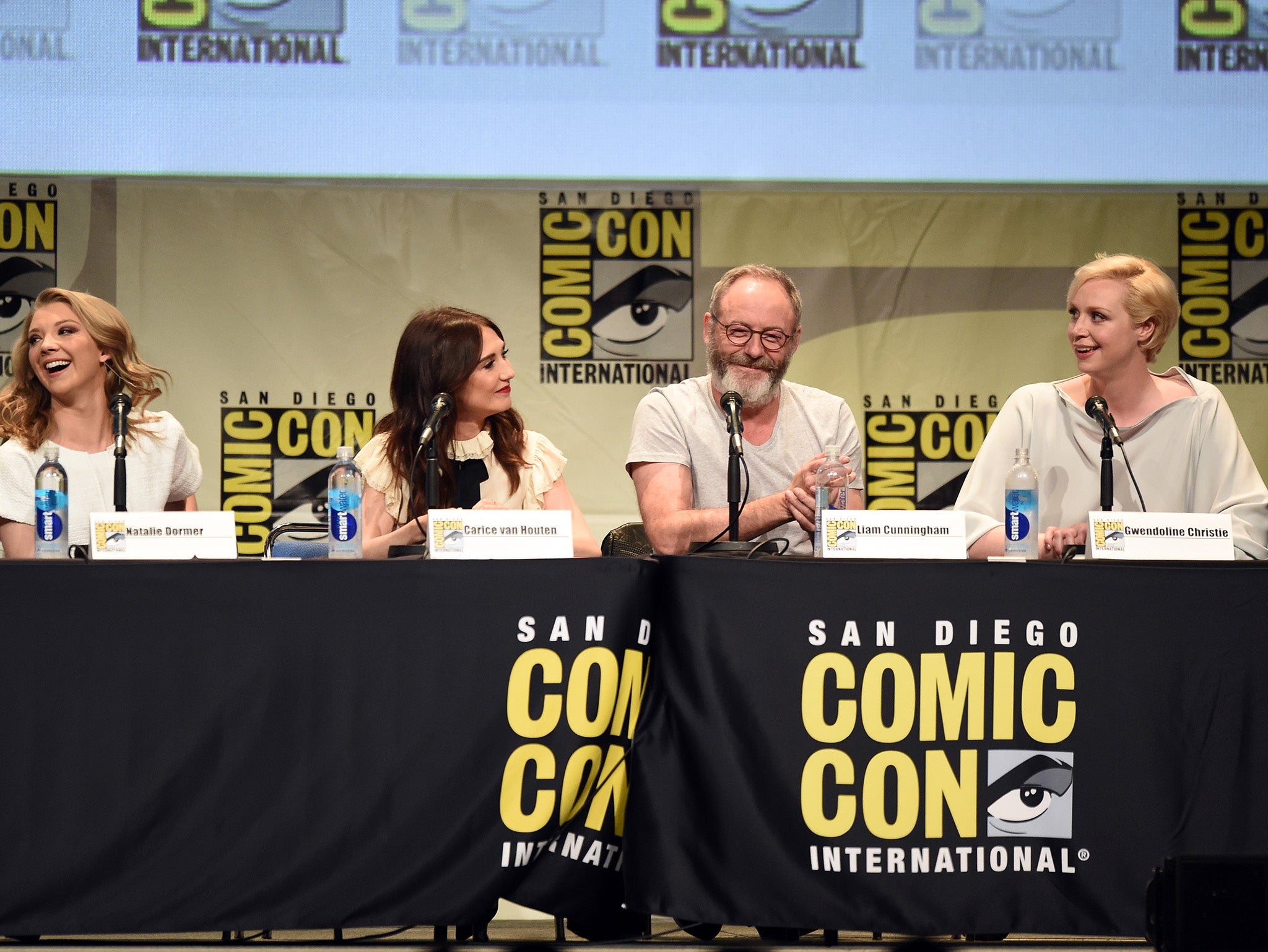 Natalie Dormer, Carice van Houten, Liam Cunningham, and Gwendoline Christie speak onstage at the 'Game of Thrones' panel during Comic-Con