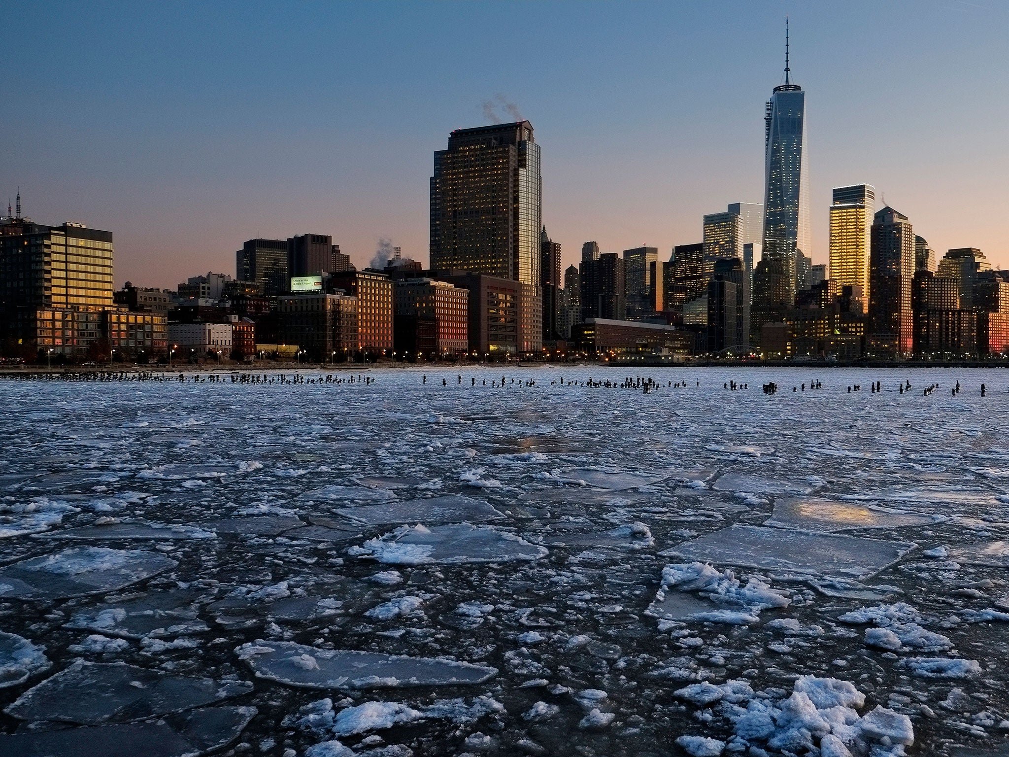Ice floes fill the Hudson River as the Lower Manhattan skyline is seen during the 'Polar vortex' last January in New York