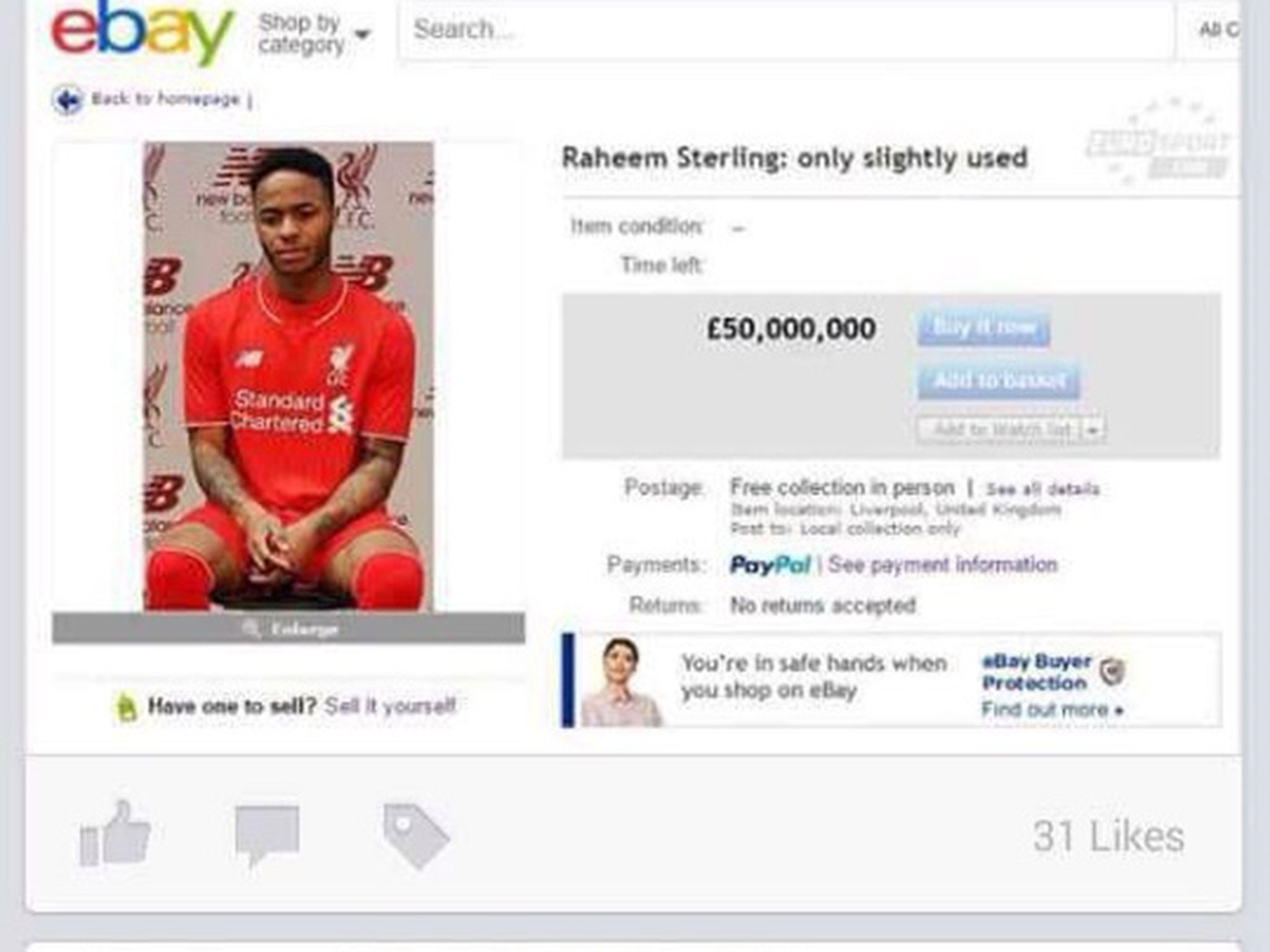 A screen shot of the Raheem Sterling sale page on eBay