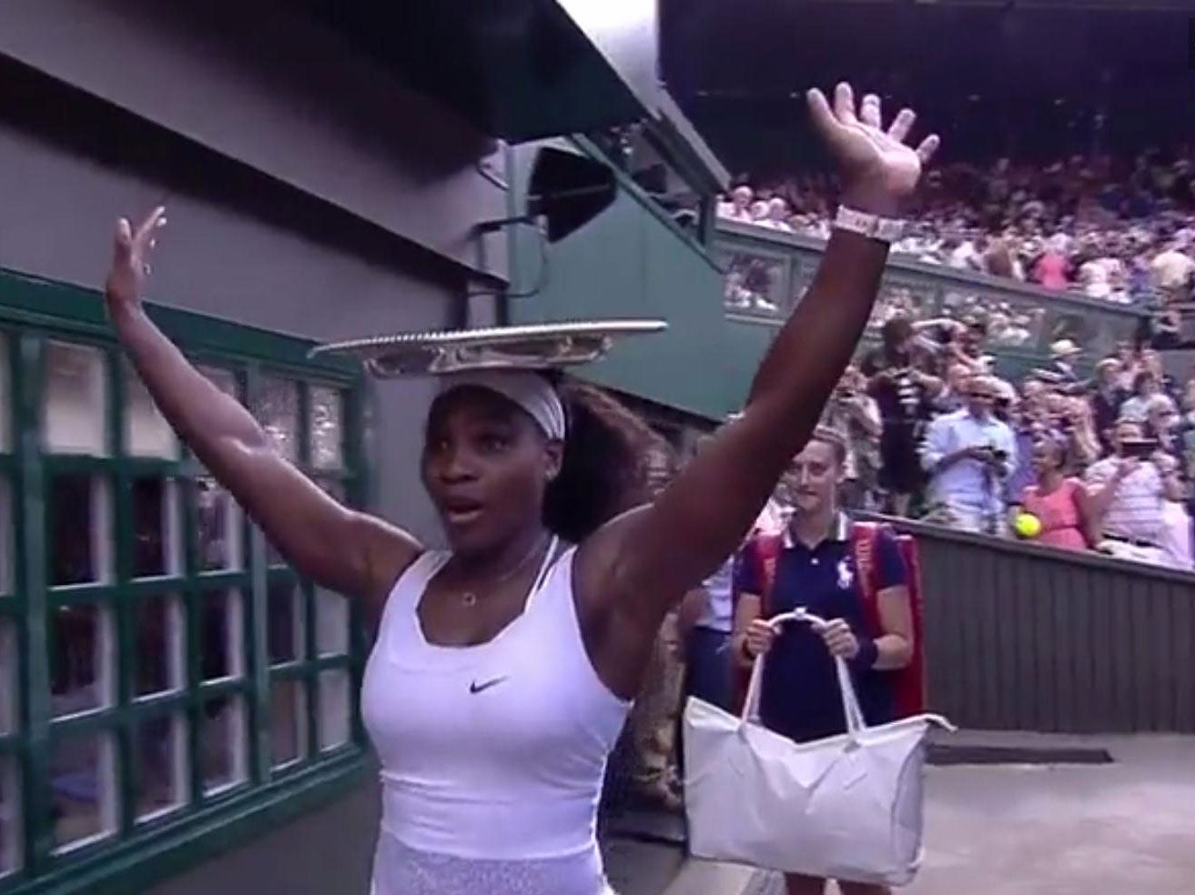 Serena Williams wore her latest trophy as a hat after the 2015 women's singles final at Wimbledon