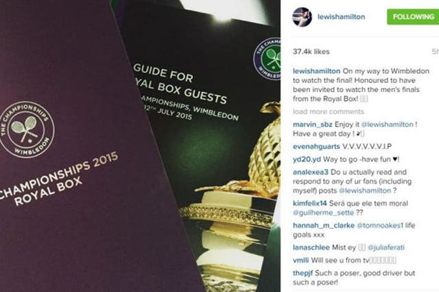 Lewis Hamilton posted a photograph of his Wimbledon invitation on Instagram