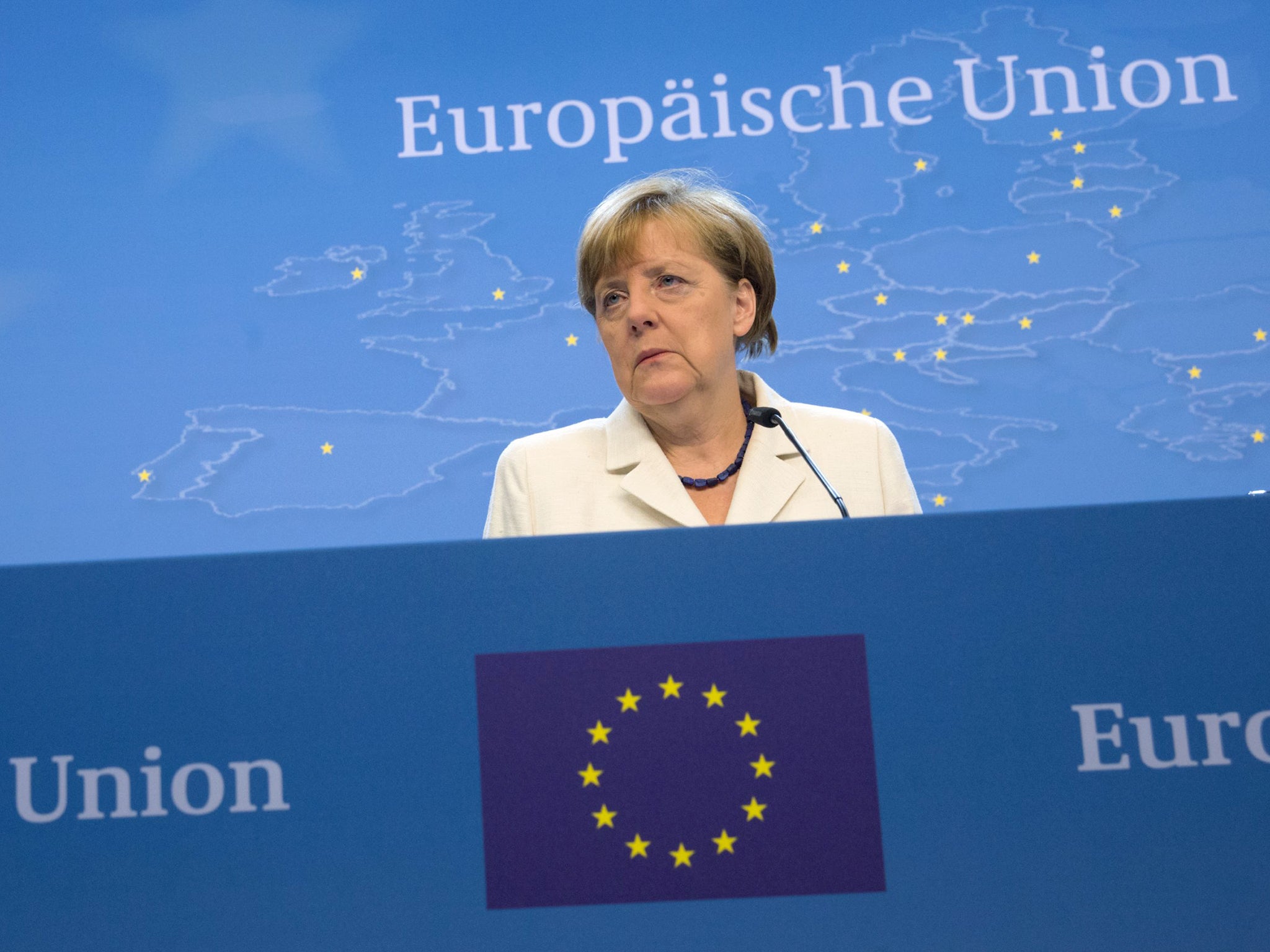 German Chancellor Angela Merkel speaks during a news conference at the end of a euro zone leaders summit in Brussels, Belgium