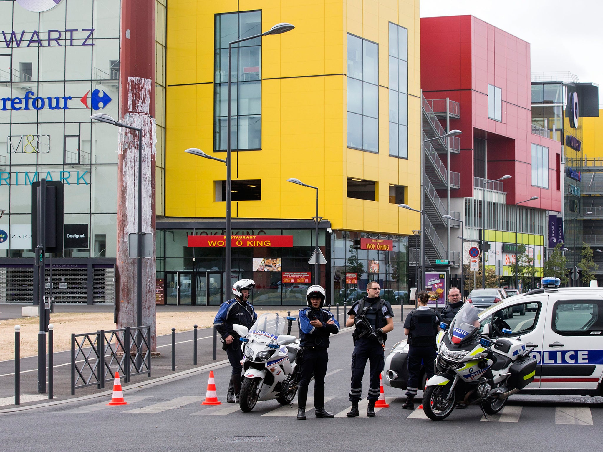 French police deployed around fashion retailer Primark in the Paris suburban mall Qwartz in Villeneuve La Garene near Paris