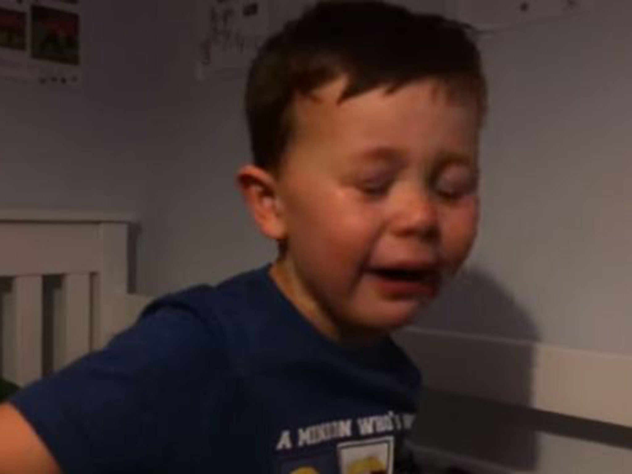 Four-year-old Louis Diamond reacts to Robin van Persie leaving Manchester United