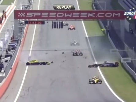 Manor Formula 1 racer Roberto Merhi deliberately slows down at the finish line resulting in a massive crash