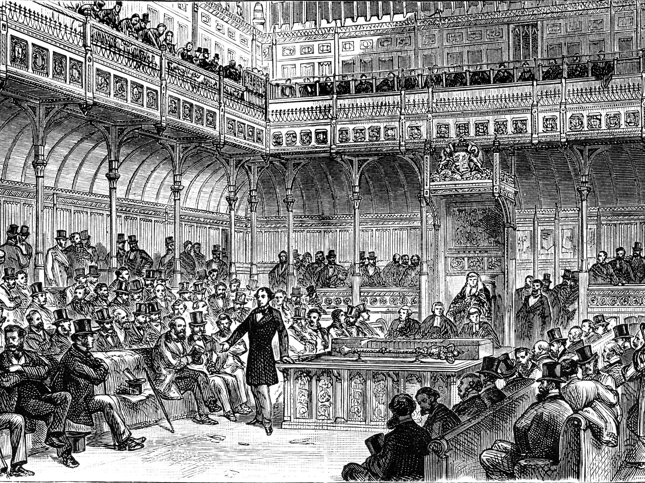 Parliament in session, with Disraeli standing