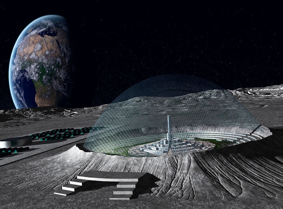Concept art for a domed lunar city in one of the Moon's craters