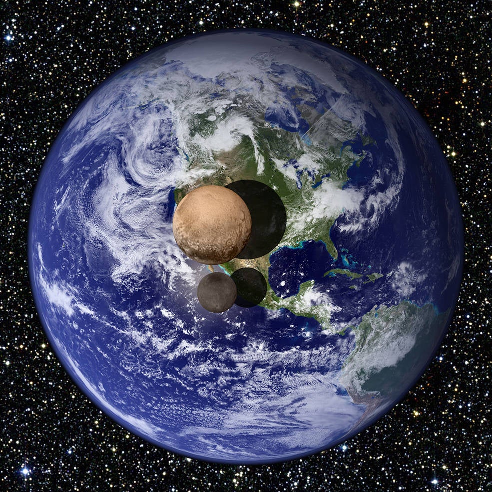 Pluto's newly-confirmed size, as if the dwarf planet were placed on top of Earth and viewed from a distance